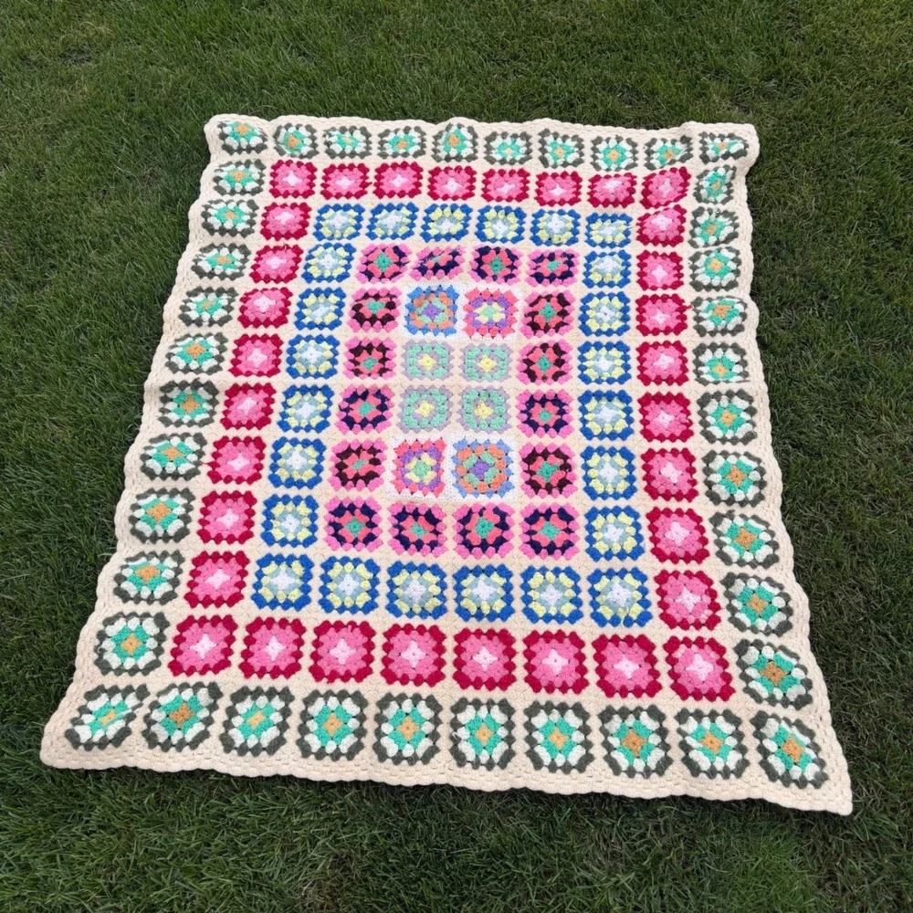 A+ Vintage Handmade Crochet Granny Square Blanket Multi-Color Boho Afghan 40x50